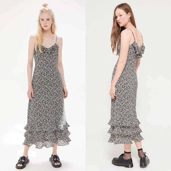 Urban Outfitters Angelica Floral Ruffle Midi Dress Black Cream Size Medium - Picture 12 of 12